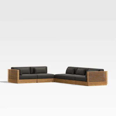 Batten -Piece L-Shaped Teak Outdoor Sectional Sofa with Corner Coffee Table & Charcoal Cushions