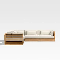 Batten Natural Teak 6-Piece L-Shaped Outdoor Sectional Sofa with Side Coffee Table & Oat Cushions