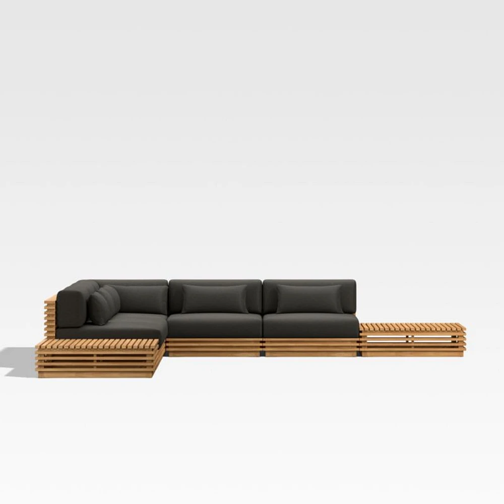 Batten Natural Teak 7-Piece L-Shaped Outdoor Sectional Sofa with Side Coffee Tables & Charcoal Cushions