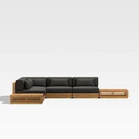 Batten Natural Teak 7-Piece L-Shaped Outdoor Sectional Sofa with Side Coffee Tables & Charcoal Cushions