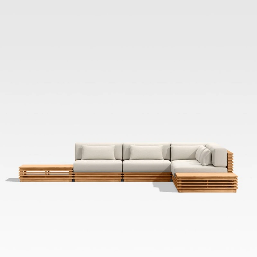 Batten Natural Teak 7-Piece L-Shaped Outdoor Sectional Sofa with Side Coffee Tables & Oat Cushions