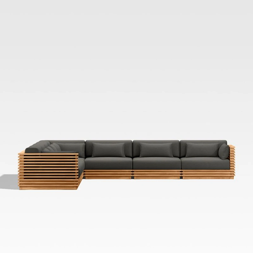 Batten Natural Teak -Piece L-Shaped Outdoor Sectional Sofa with Charcoal Cushions
