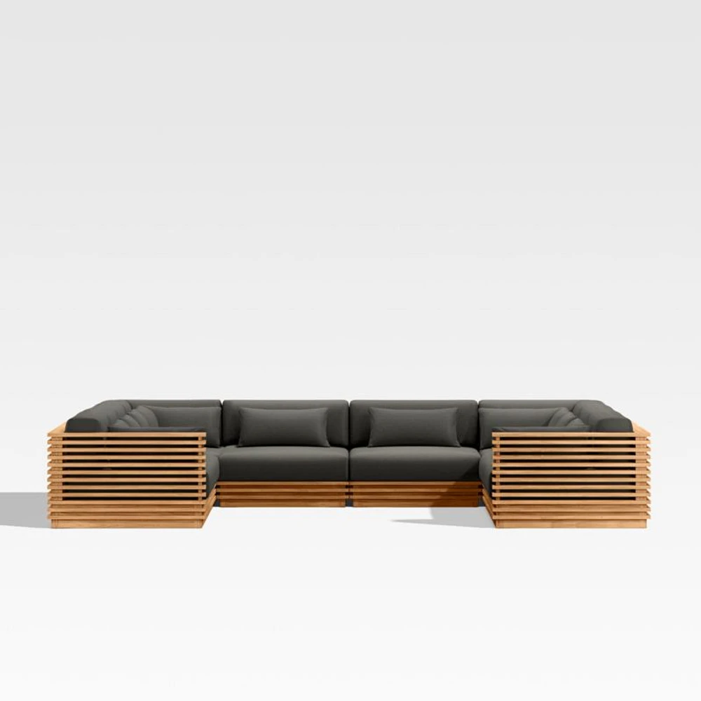 Batten Natural Teak 8-Piece U-Shaped Outdoor Sectional Sofa with Charcoal Cushions