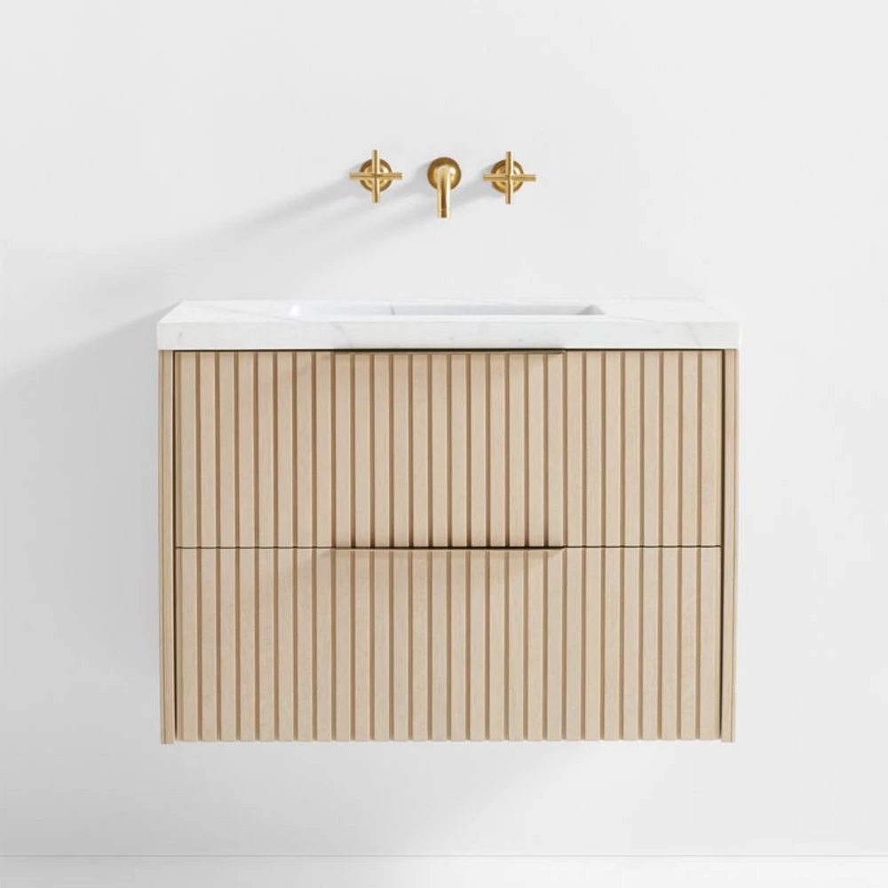 Batten 30" White Marble Top and Oak Wood Single Sink Floating Vanity