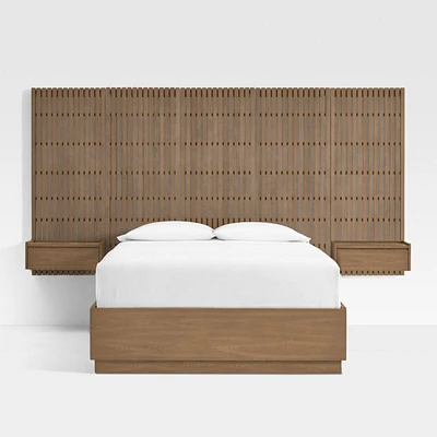 Batten Brown Oak Queen Plinth-Base Storage Bed, Panels and Nightstands
