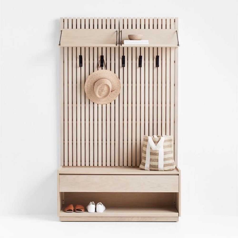 Batten Oak Storage Bench and Panel Set with Reversible Shelf