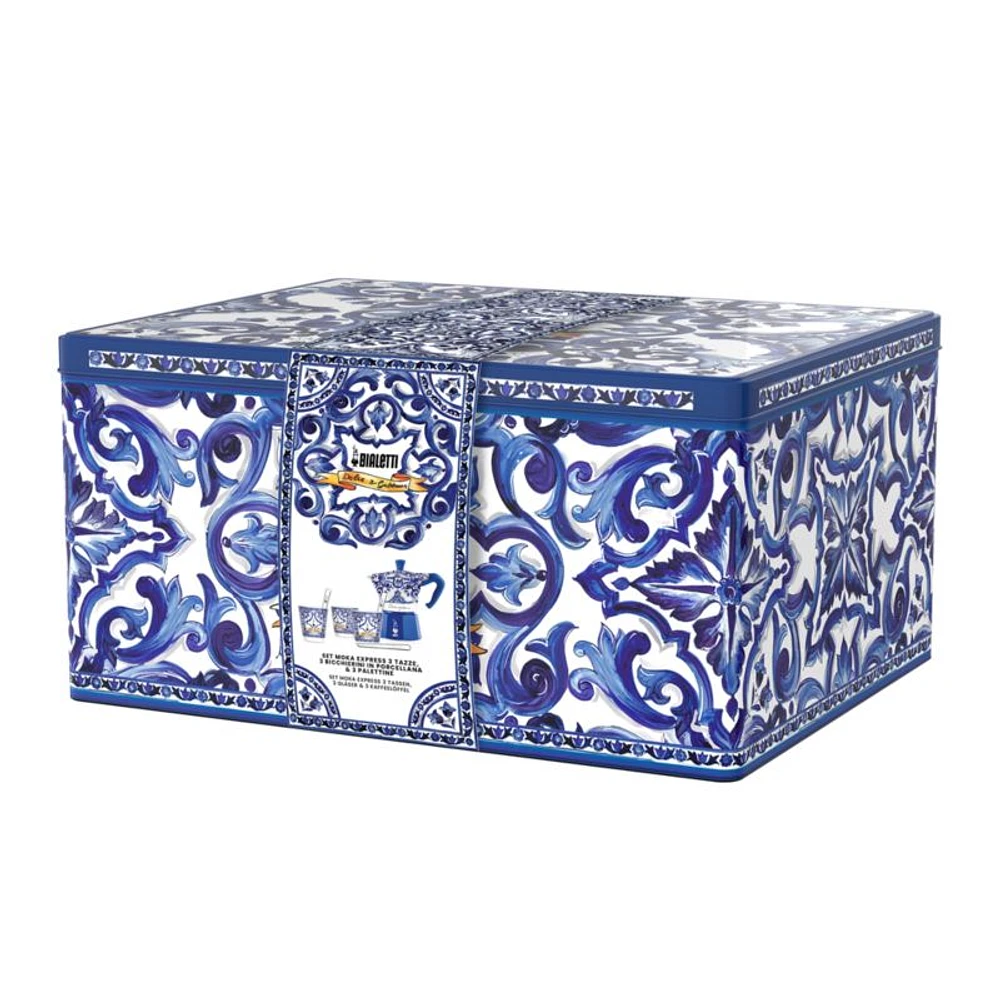 Bialetti Moka Dolce & Gabbana Blu Mediterraneo 3-Cup + 3 Espresso Cups & Stirrers Gift Set
