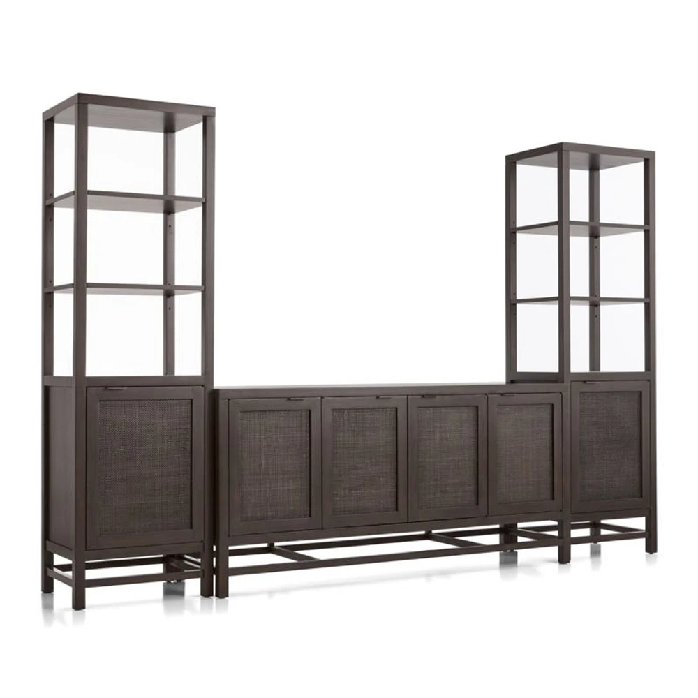 Blake 68" Dark Brown and Rattan Storage Media Console with 2 Tall Cabinets