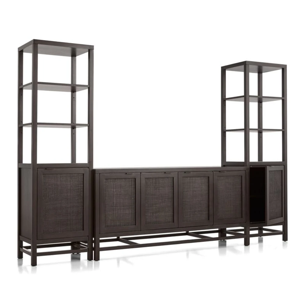 Blake 68" Dark Brown and Rattan Storage Media Console with 2 Tall Cabinets
