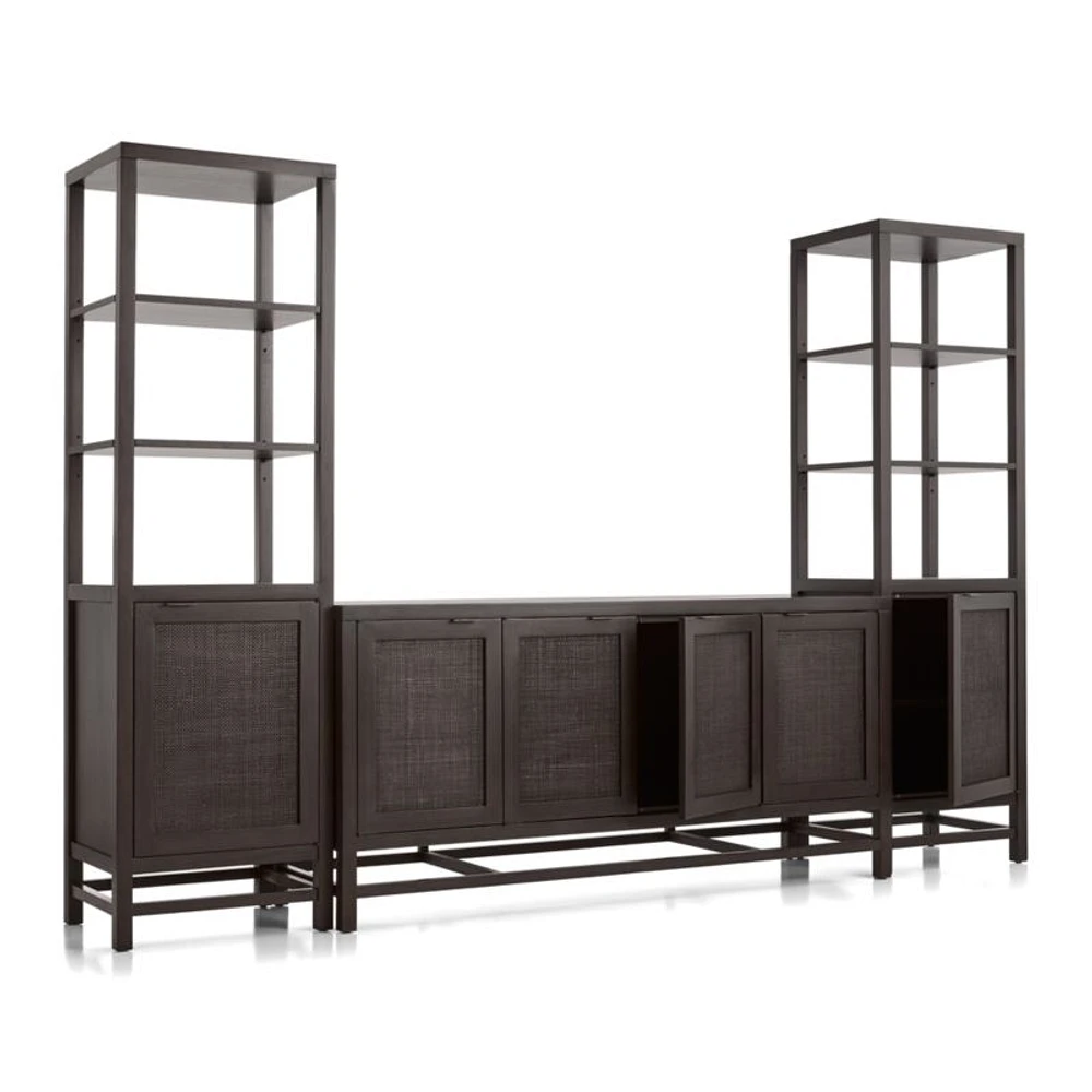 Blake 68" Dark Brown and Rattan Storage Media Console with 2 Tall Cabinets