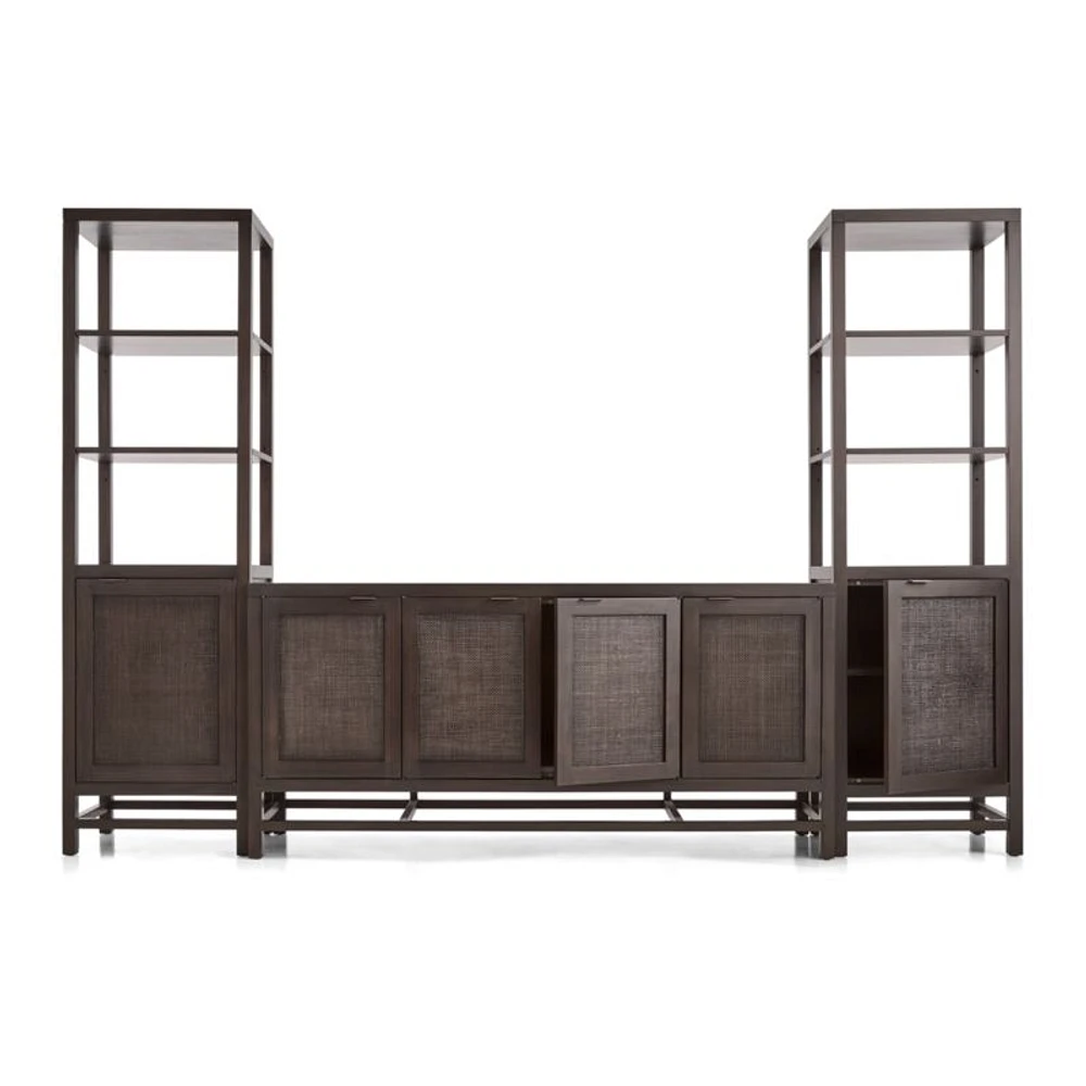 Blake 68" Dark Brown and Rattan Storage Media Console with 2 Tall Cabinets