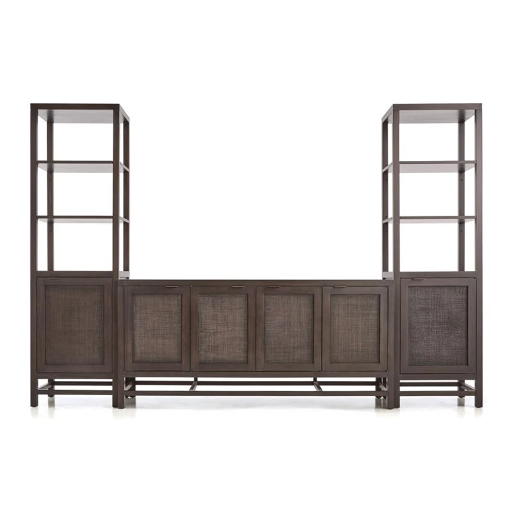 Blake 68" Dark Brown and Rattan Storage Media Console with 2 Tall Cabinets