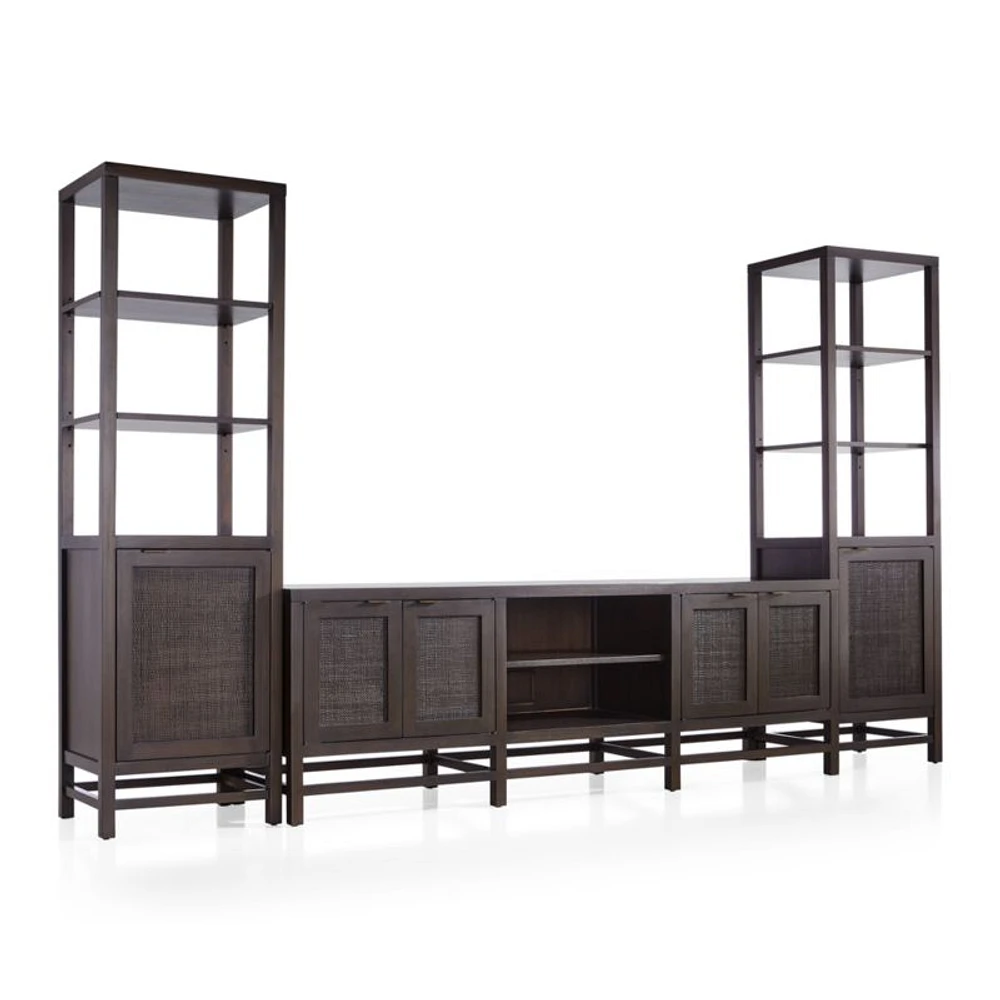 Blake 85" Dark Brown Teak and Rattan Storage Media Console with 2 Tall Cabinets
