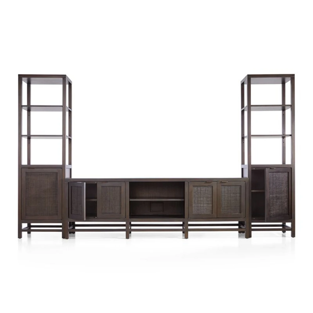 Blake 85" Dark Brown Teak and Rattan Storage Media Console with 2 Tall Cabinets