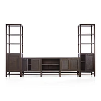 Blake 85" Dark Brown Teak and Rattan Storage Media Console with 2 Tall Cabinets