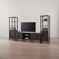Blake 85" Dark Brown Teak and Rattan Storage Media Console with 2 Tall Cabinets