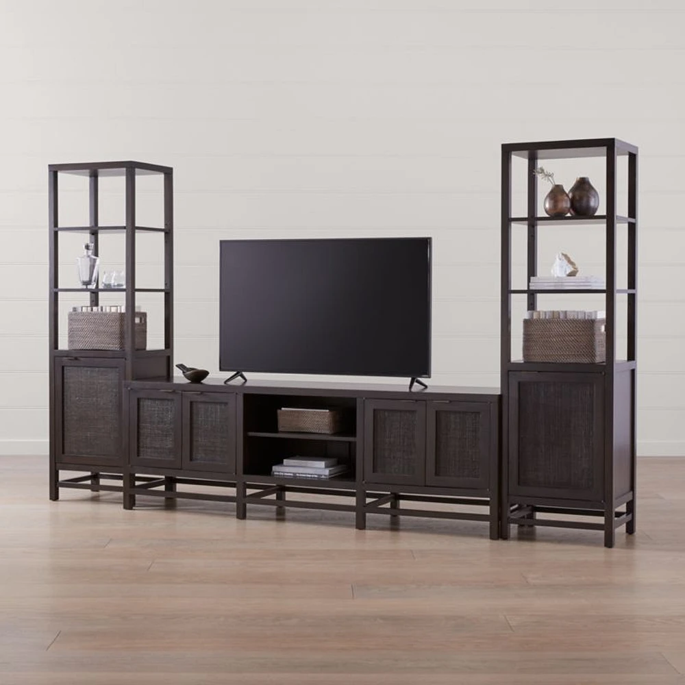 Blake 85" Dark Brown Teak and Rattan Storage Media Console with 2 Tall Cabinets