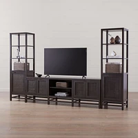 Blake 85" Dark Brown Teak and Rattan Storage Media Console with 2 Tall Cabinets