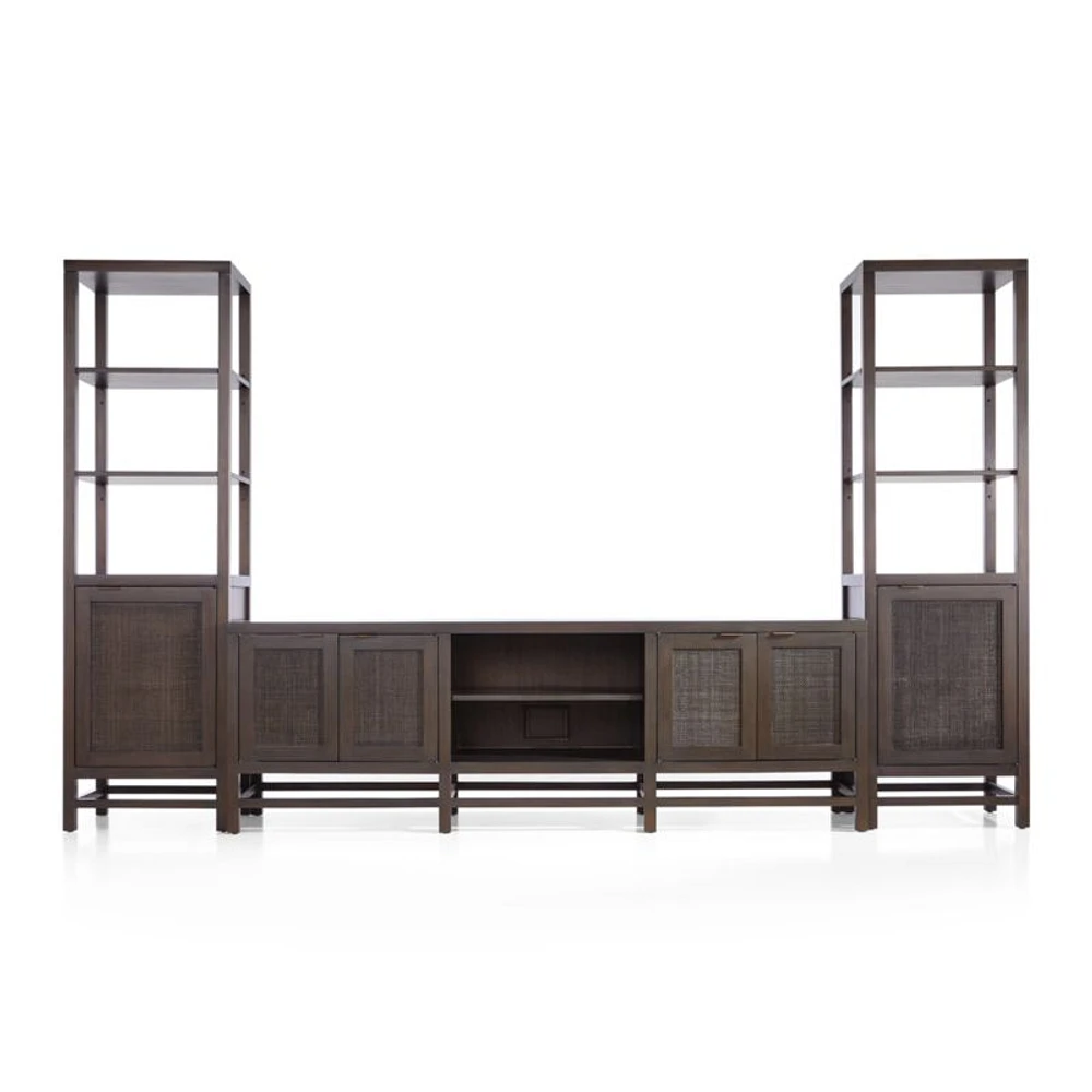 Blake 85" Dark Brown Teak and Rattan Storage Media Console with 2 Tall Cabinets