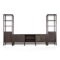 Blake 85" Dark Brown Teak and Rattan Storage Media Console with 2 Tall Cabinets