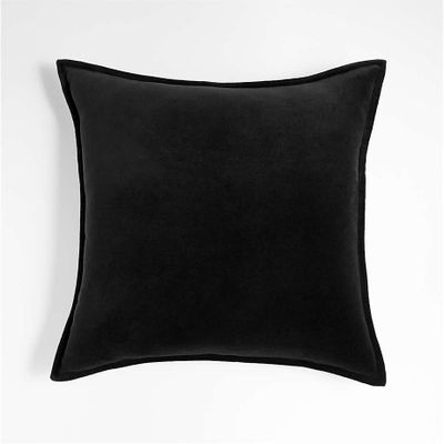 Black 20"x20" Washed Cotton Velvet Throw Pillow with Feather-Down Insert
