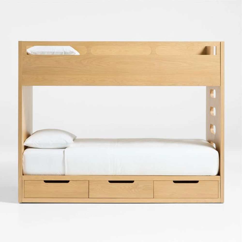 Bridgeman Natural Oak Wood Kids Twin Bunk Bed with Storage