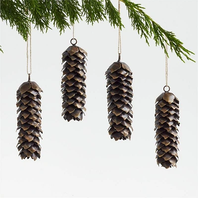 Bronze Metal Pinecone Christmas Tree Ornaments, Set of 4
