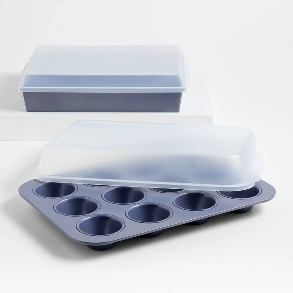 Crate & Barrel Slate Blue 4-Piece Bakeware Set with Lids