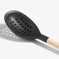 Crate & Barrel Black Silicone and Wood Deep Slotted Spoon