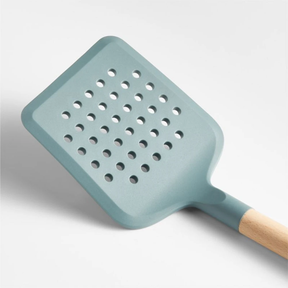 Crate & Barrel Deep Sage Green Silicone and Wood Slotted Turner Spatula