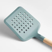 Crate & Barrel Deep Sage Green Silicone and Wood Slotted Turner Spatula