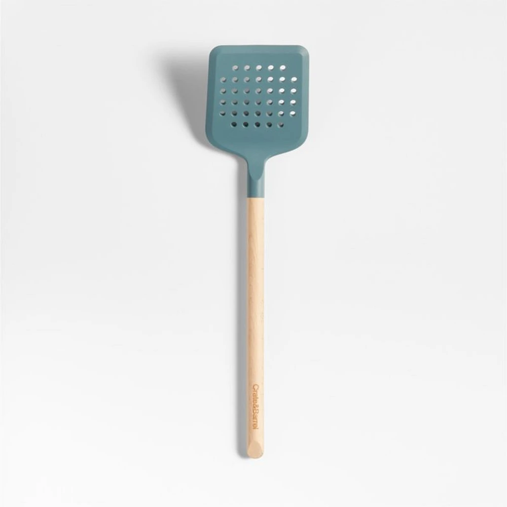 Crate & Barrel Deep Sage Green Silicone and Wood Slotted Turner Spatula