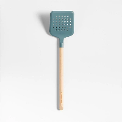 Crate & Barrel Deep Sage Green Silicone and Wood Slotted Turner Spatula
