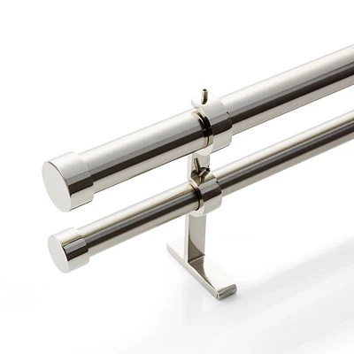 Polished Nickel 1" Double Curtain Rod and End Cap Finials Set 48"-88"