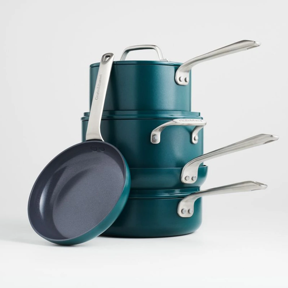 Crate & Barrel EvenCook Ceramic ™ Deep Teal Ceramic Nonstick 8-Piece Cookware Set with Bonus