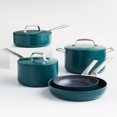 Crate & Barrel EvenCook Ceramic ™ Deep Teal Ceramic Nonstick 8-Piece Cookware Set with Bonus