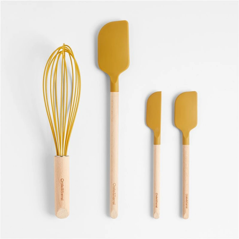Crate & Barrel Wood and Yellow 12" Silicone Whisk