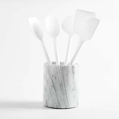 Crate & Barrel White Silicone Utensils with Holder, Set of 6