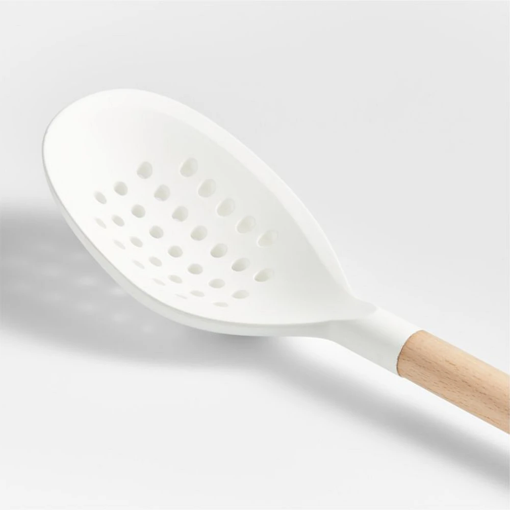 Crate & Barrel White Silicone and Wood Deep Slotted Spoon
