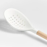 Crate & Barrel White Silicone and Wood Deep Slotted Spoon