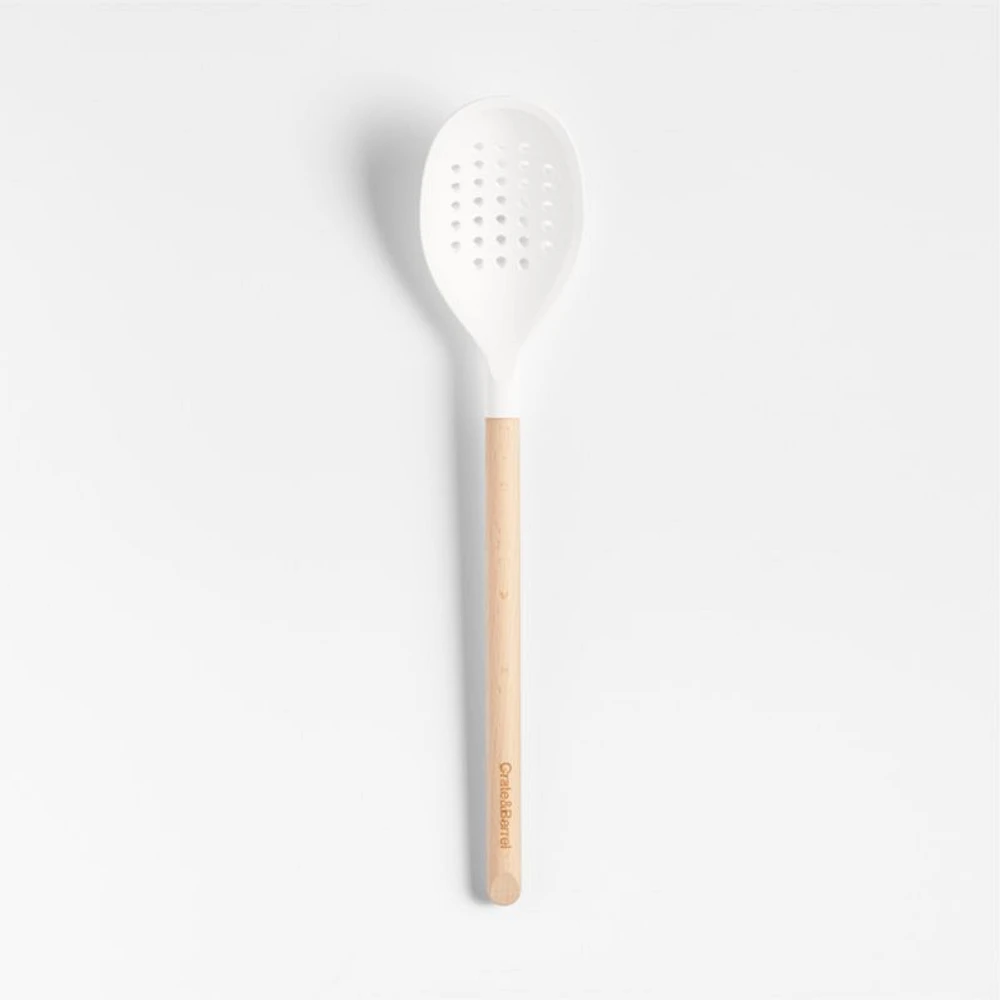 Crate & Barrel White Silicone and Wood Deep Slotted Spoon