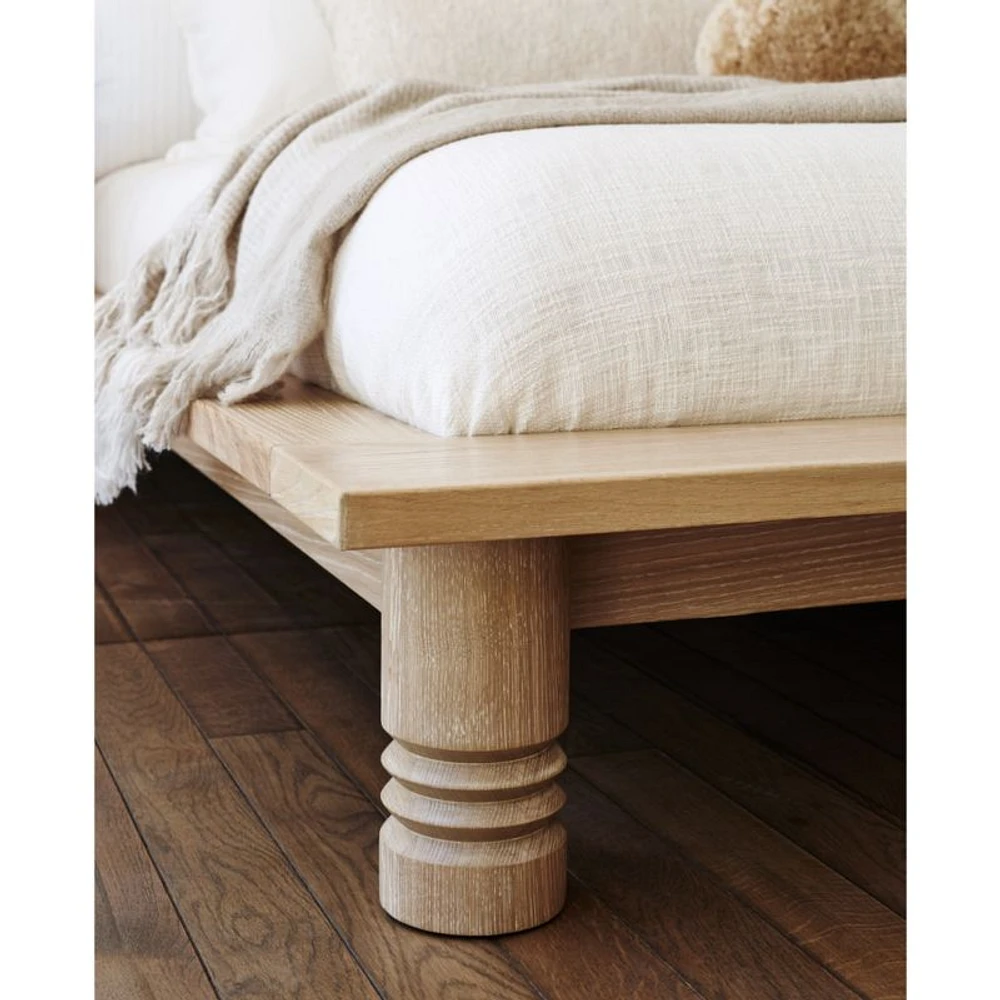 Revival Oak Wood Platform Queen Bed with Upholstered Headboard by Athena Calderone