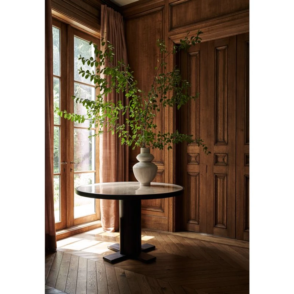 Unica 48" Round Mango Wood and Travertine Dining Table by Athena Calderone