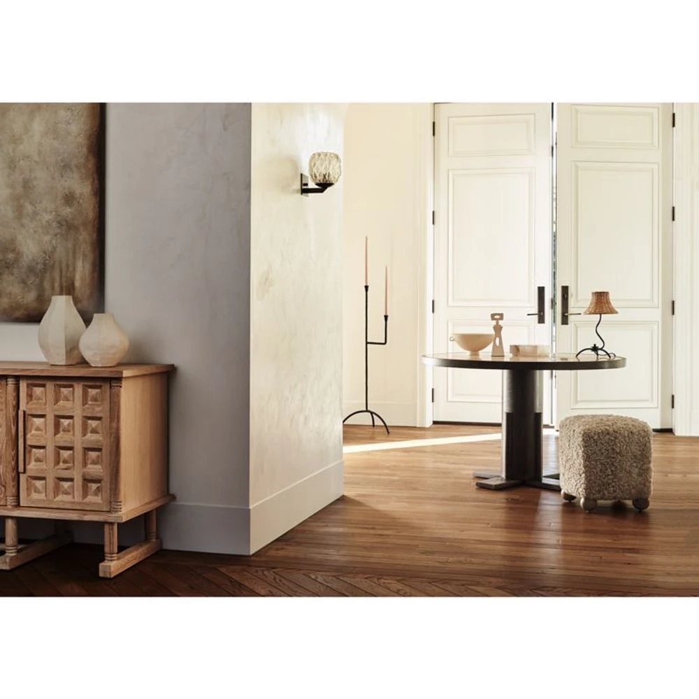 Unica 48" Round Mango Wood and Travertine Dining Table by Athena Calderone