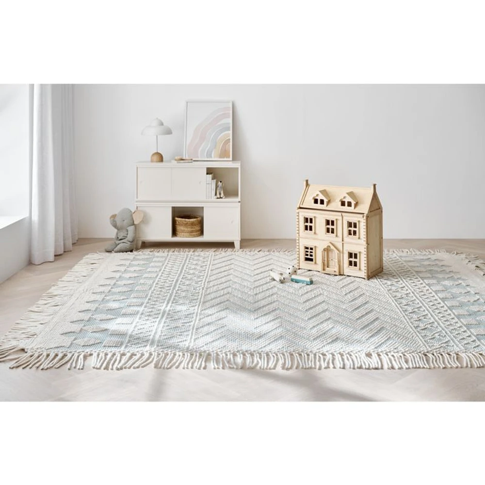 Pompom Blue Geometric Kids Rug with Fringe 4x6