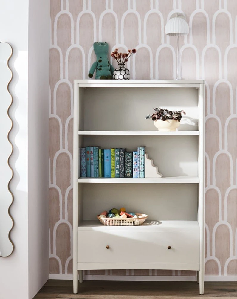 Hampshire Tall Cozy Grey Wood 3-Shelf Kids Bookcase with Drawer