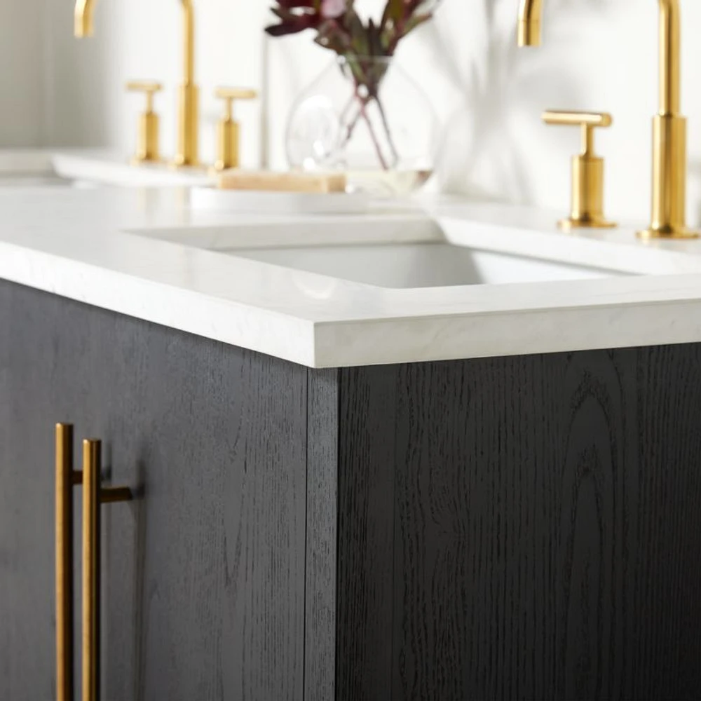 Carmen 60" White Marble Top Double Sink Black Ash Wood Vanity with Shelf