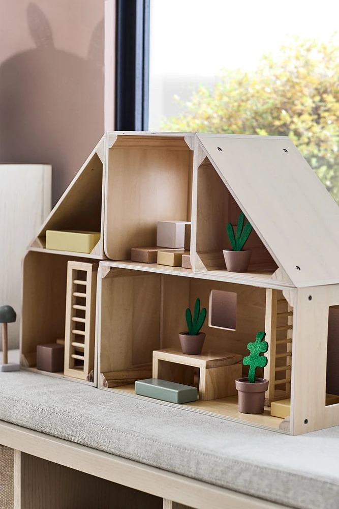 Modern Modular Wooden Kids Dollhouse with 20-Piece Furniture Set