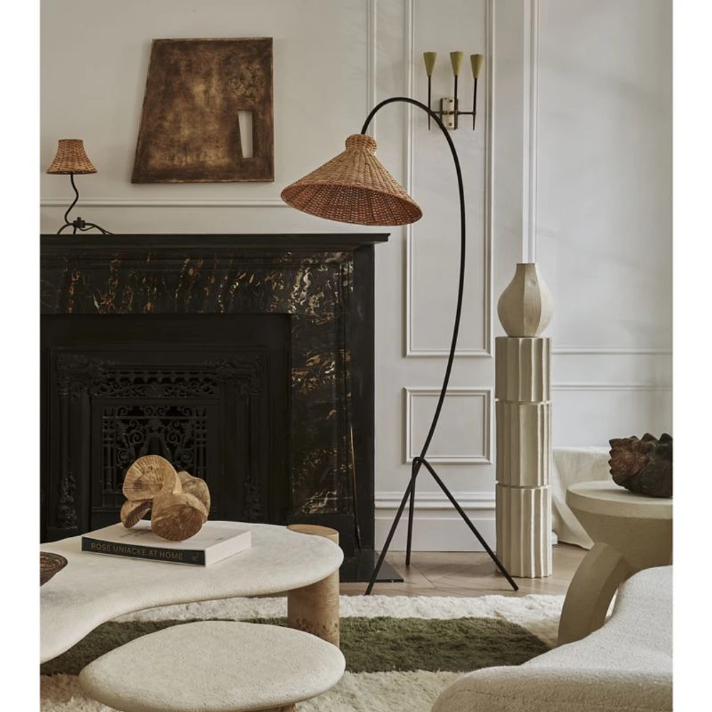 Bibelot Wavy Black Metal Mini Table Lamp with Rattan Shade by Athena Calderone 15.6"