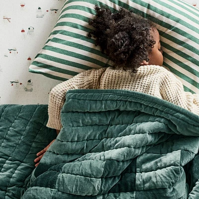 Checkerboard Pine Green Hand-Quilted Organic Cotton Velvet Kids Twin Quilt